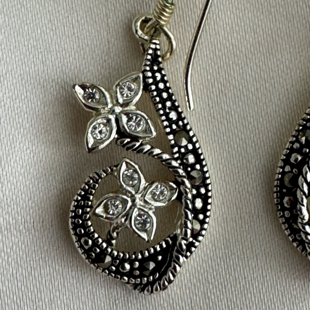 Butterfly Swirl Black Sterling Silver Dangle Elegant Floral Earrings - Picture 2 of 5